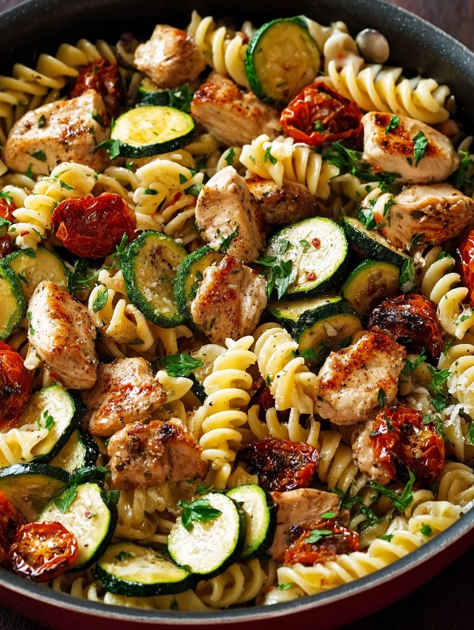A bowl of pasta with chicken, zucchini, and tomatoes.