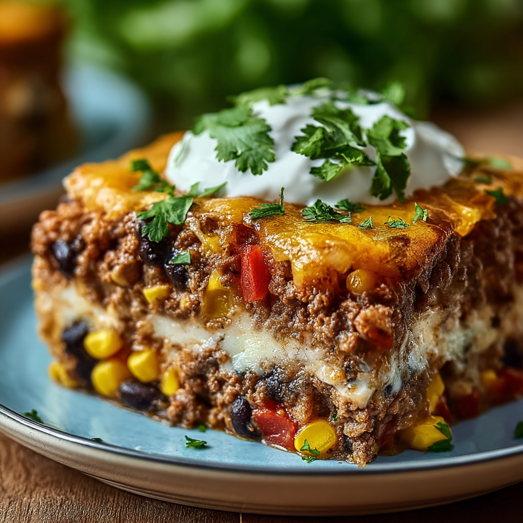 A slice of casserole with white cheese on top.