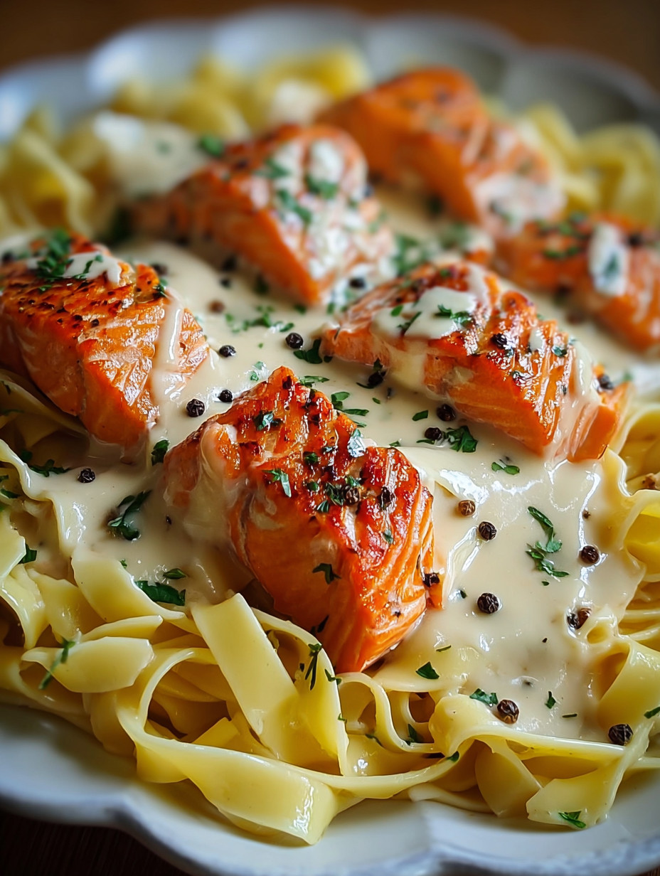 A plate of pasta with salmon on top.