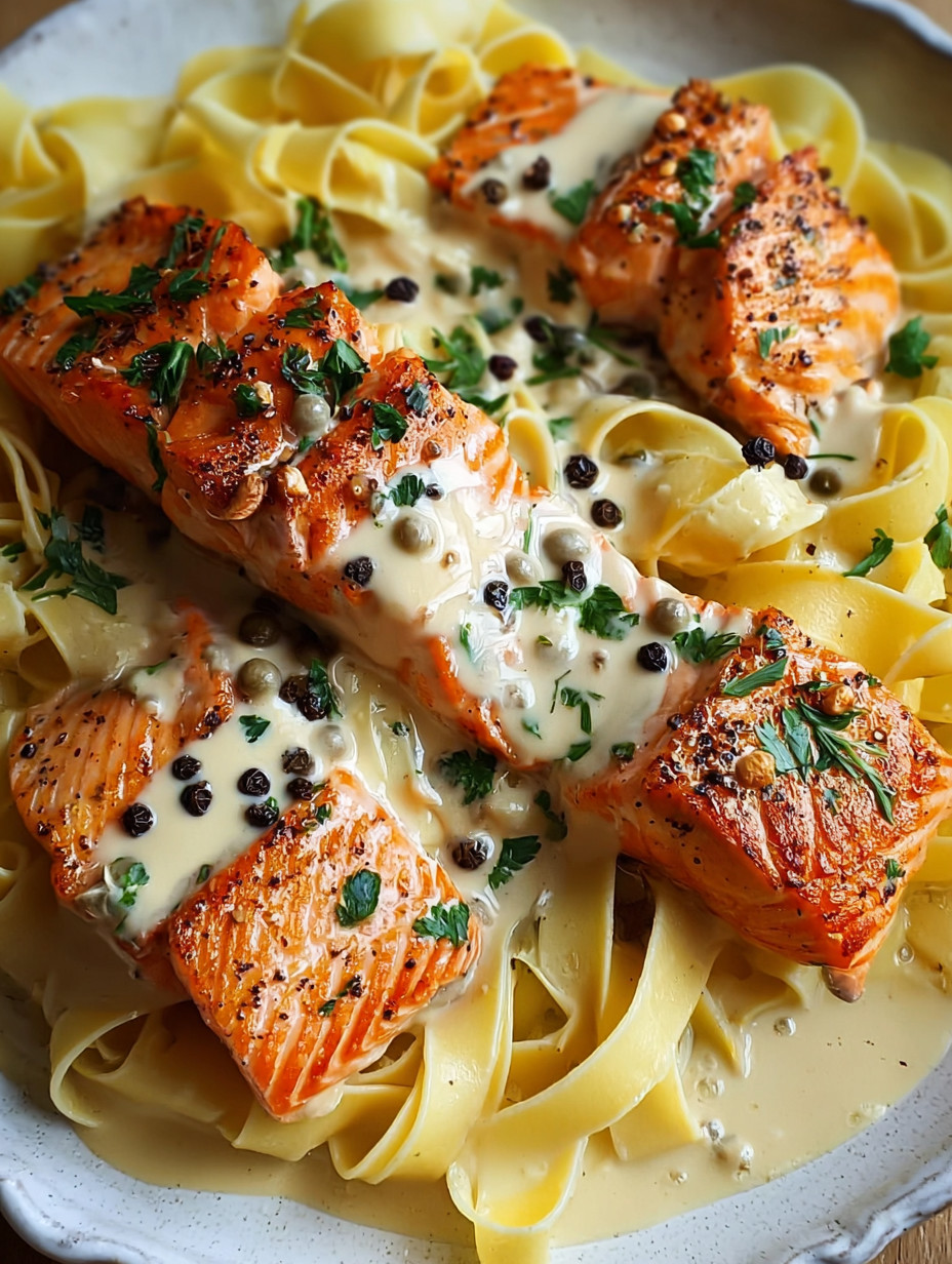 A plate of food with salmon and pasta.