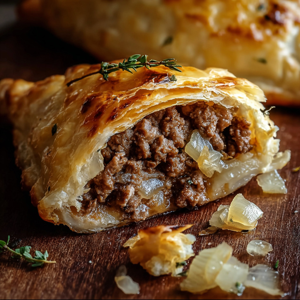 A pastry with meat and onions.