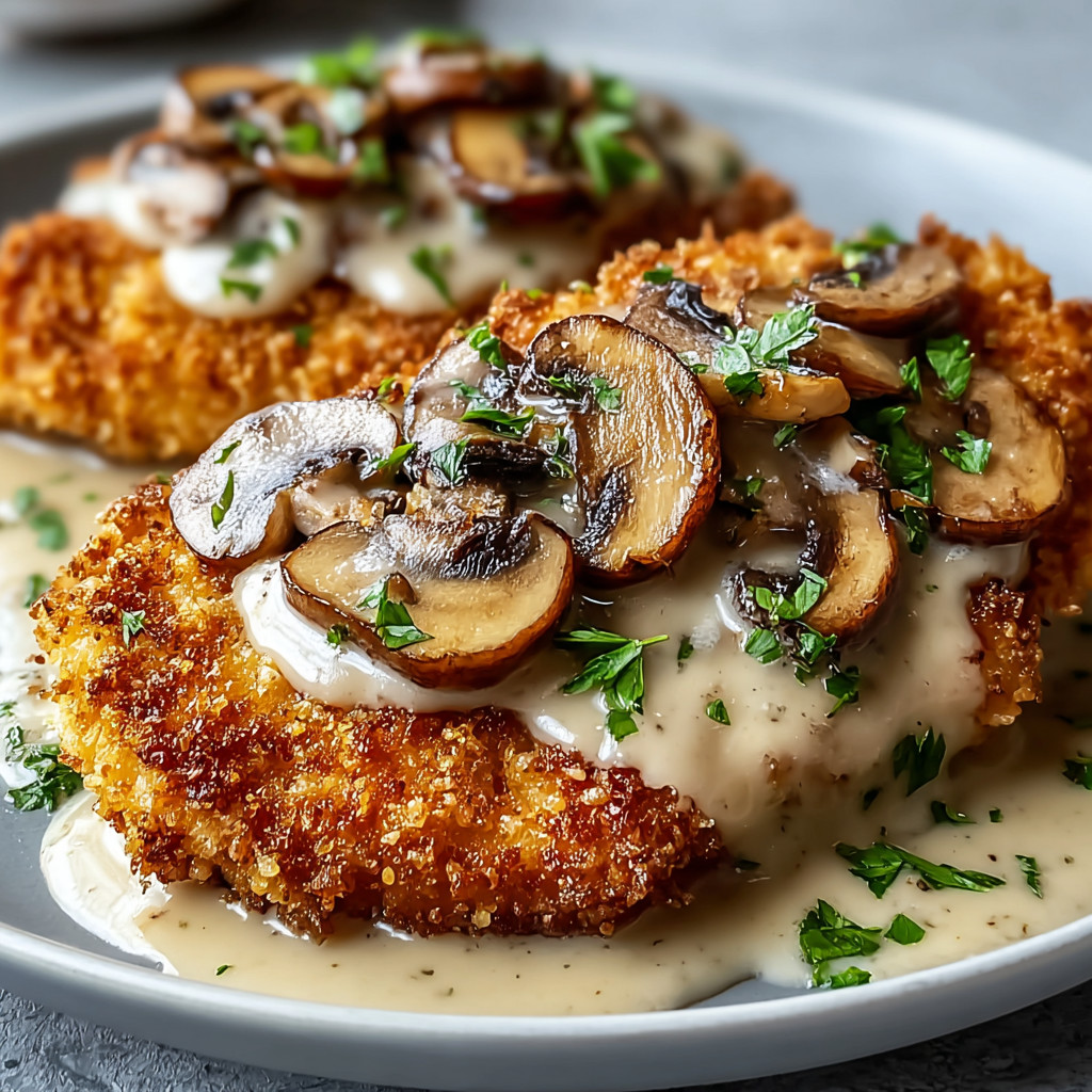 A plate of chicken covered in mushrooms and gravy.