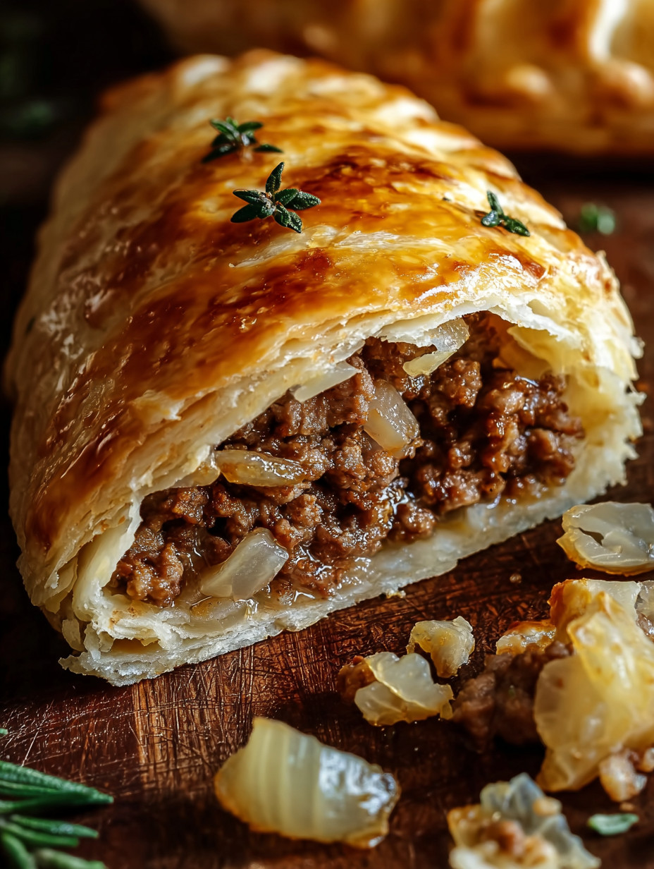 A pastry with meat and onions.