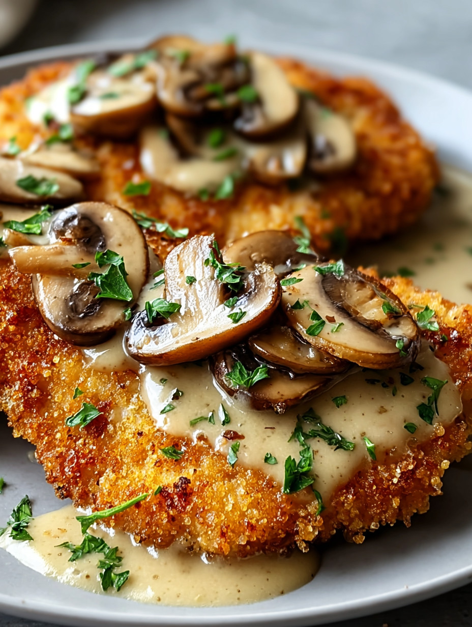 A plate of chicken with mushrooms on top.