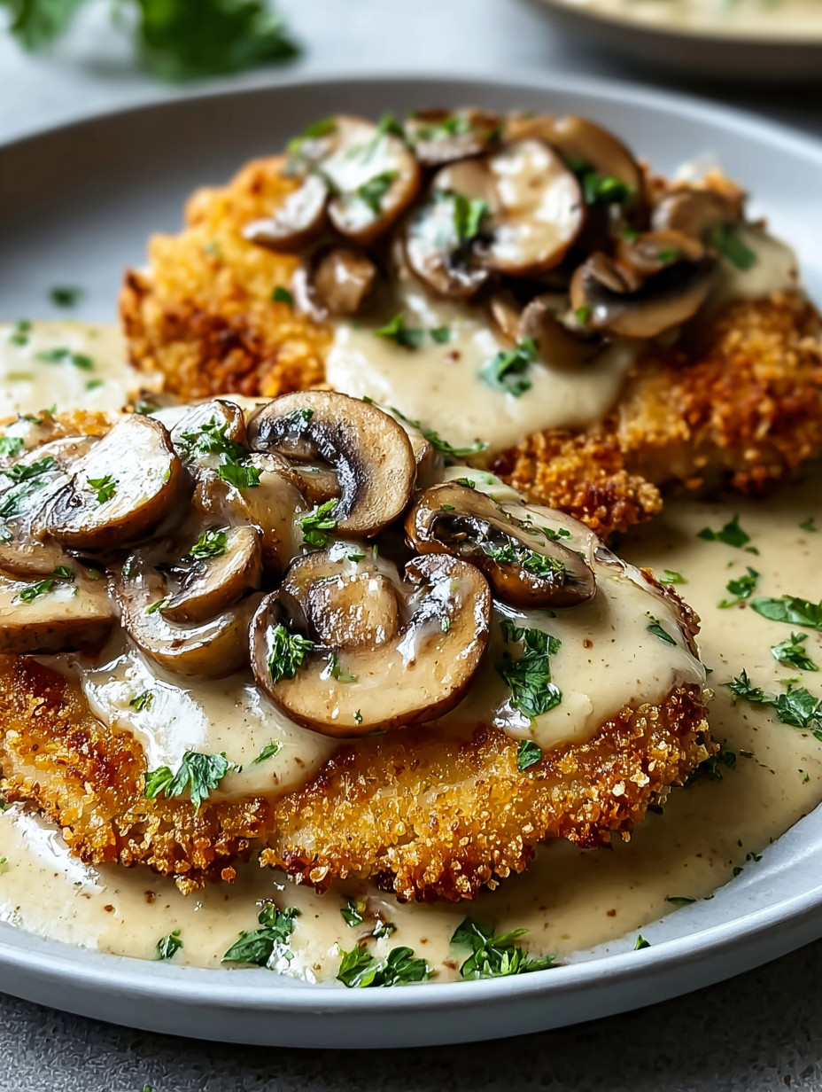Two pieces of chicken covered in mushrooms and gravy.
