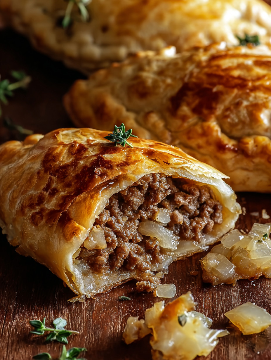 A pastry with meat and onions on a wooden table.