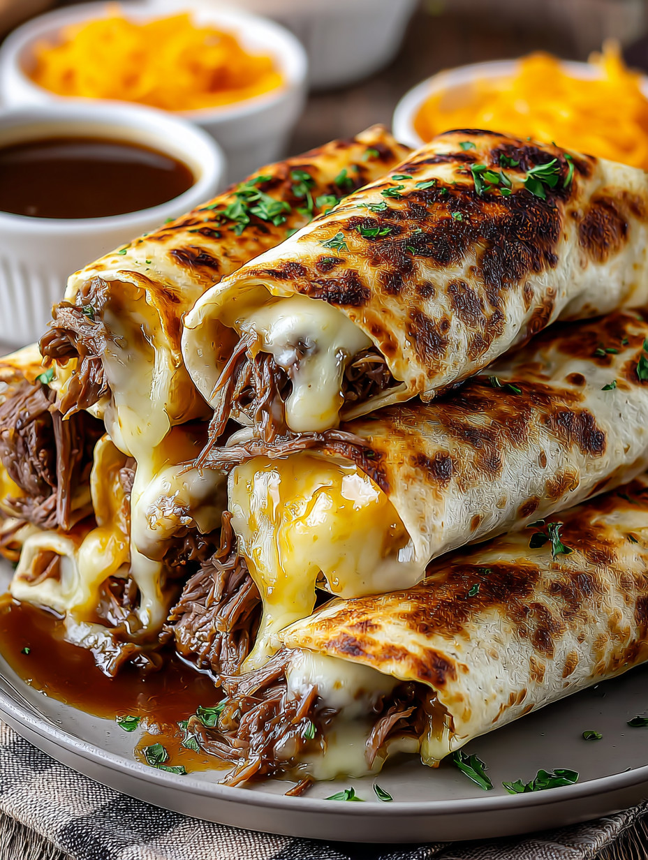 A plate of food with a burrito and a bowl of sauce.