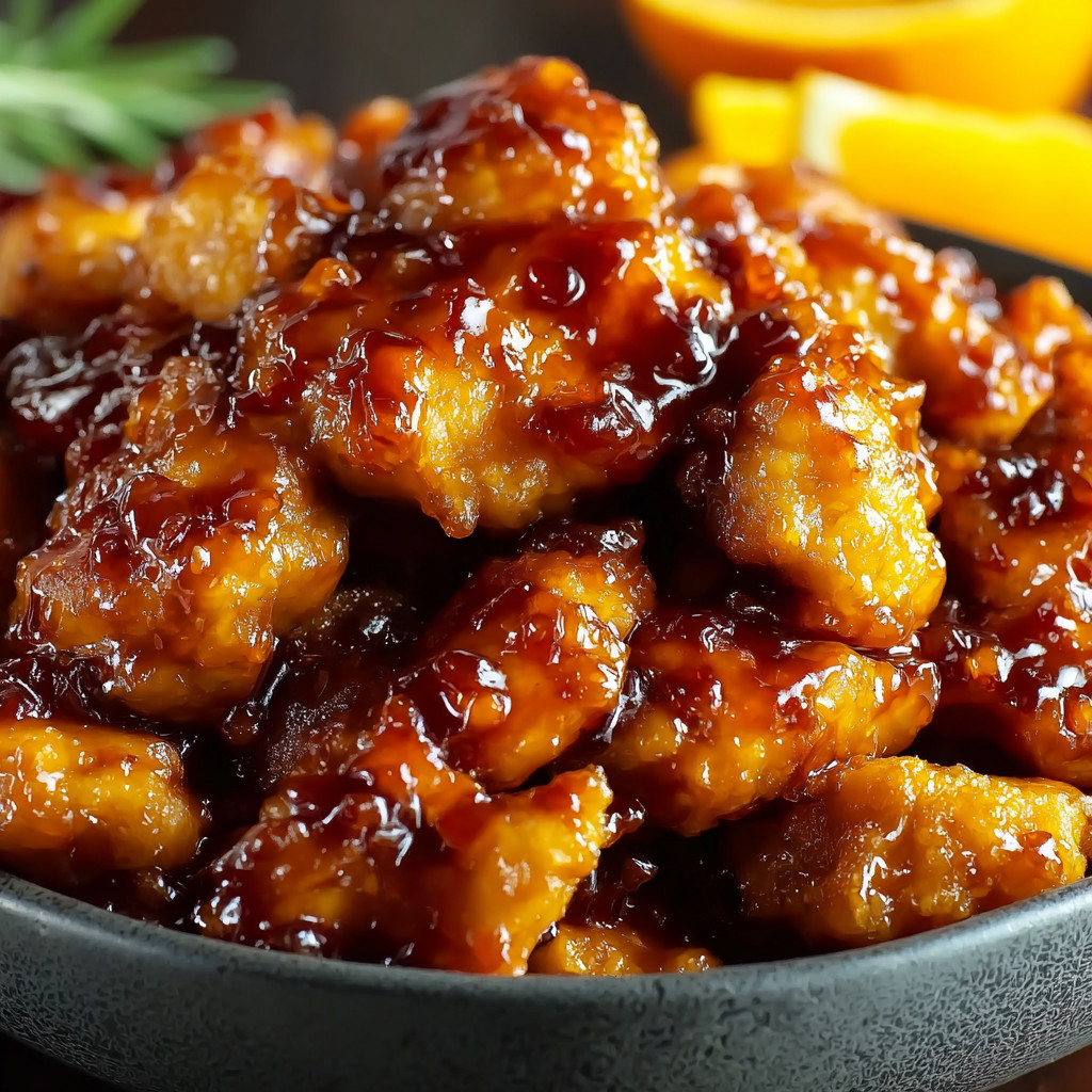 A bowl of chicken with a orange slice on top.