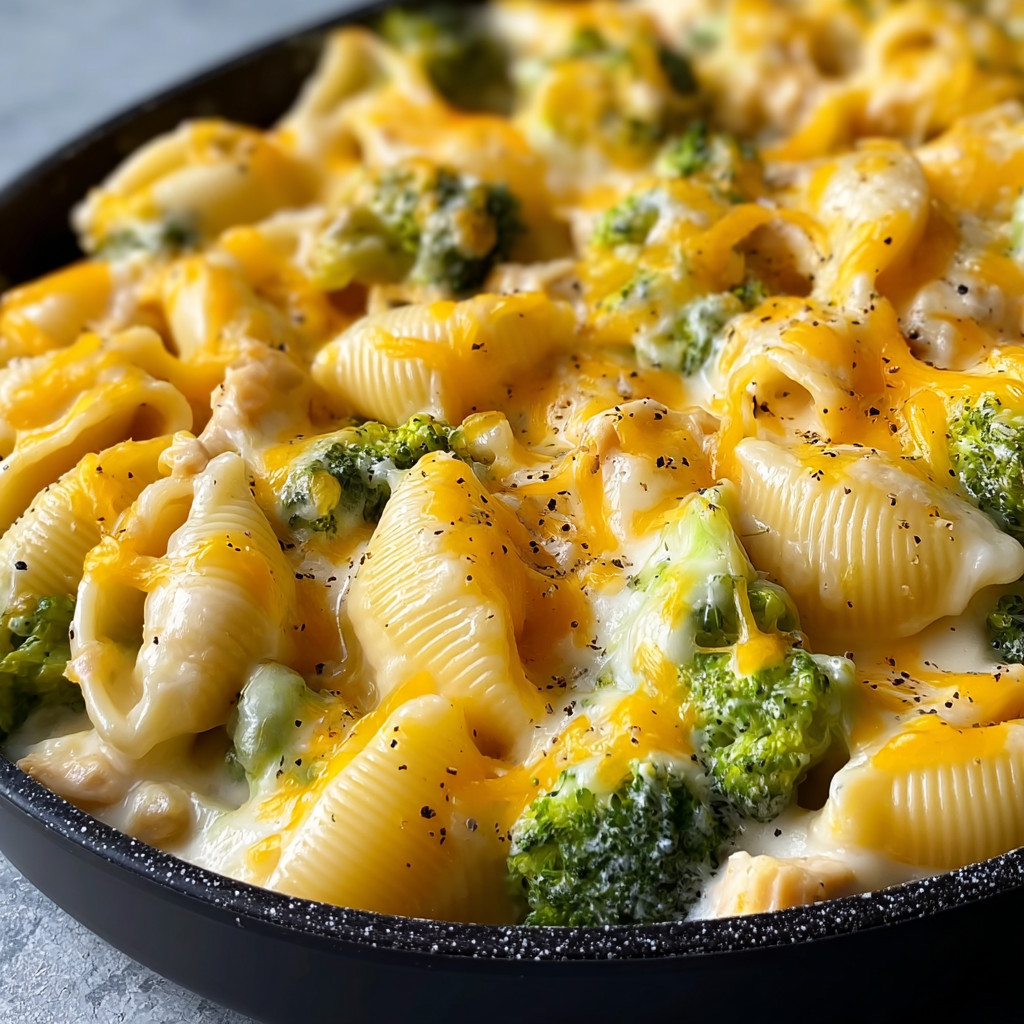 A pan of macaroni and cheese with broccoli.
