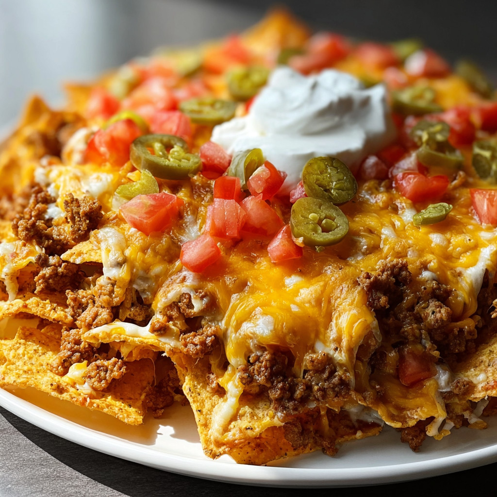 A plate of nachos with cheese and tomatoes.