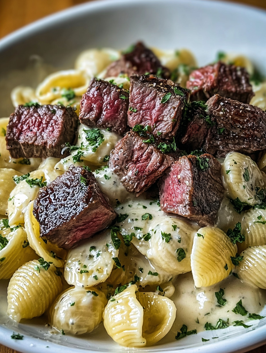 A plate of pasta with meat on top.