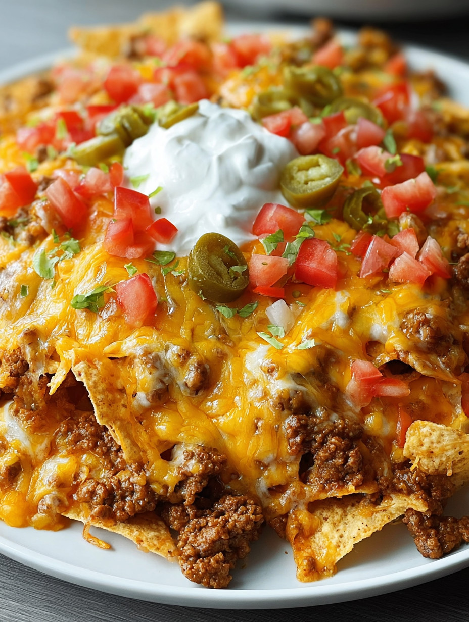 A plate of nachos with white cheese and tomatoes.