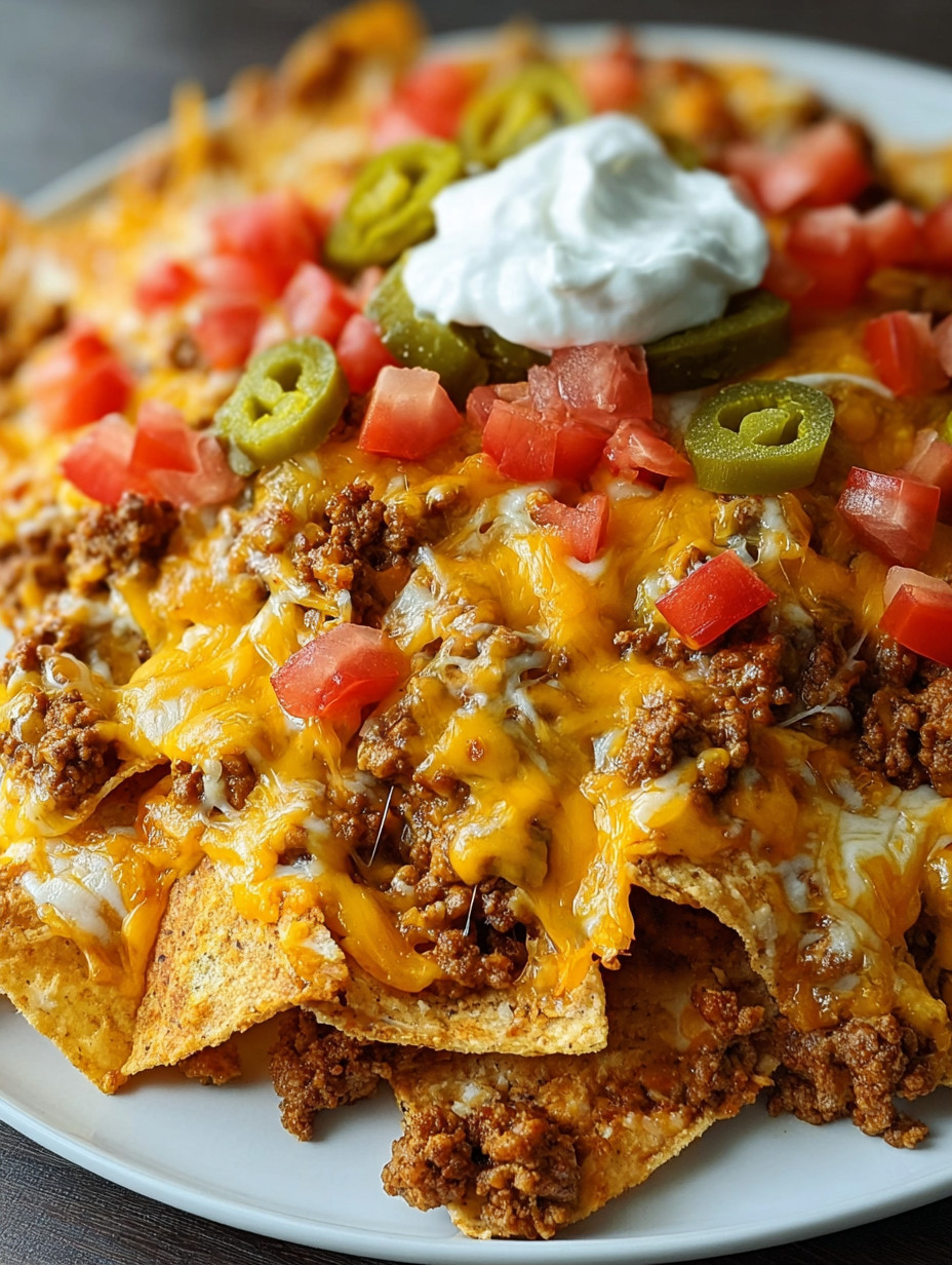 A plate of nachos with cheese and jalapenos.