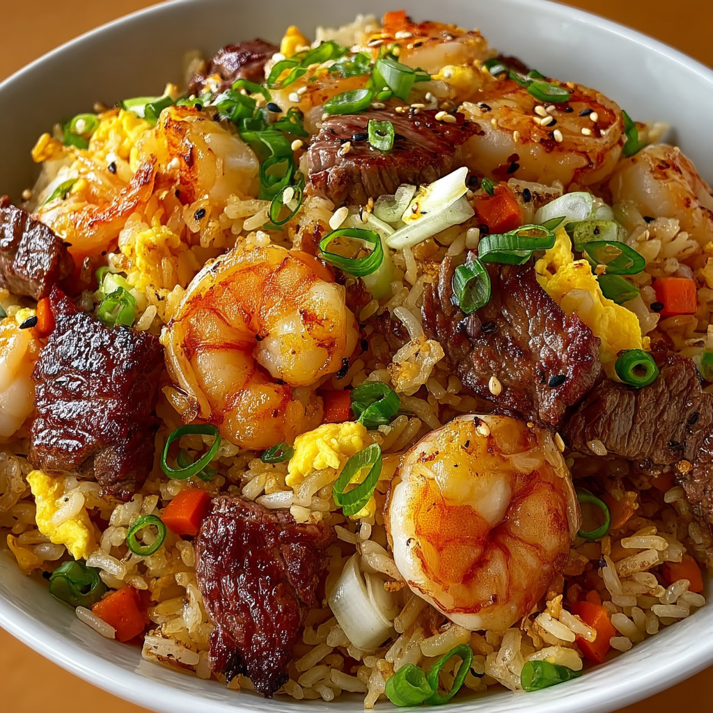 A bowl of rice with shrimp, meat, and vegetables.