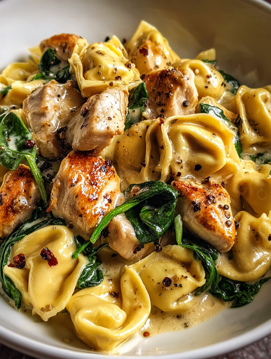 A plate of pasta with chicken and spinach.