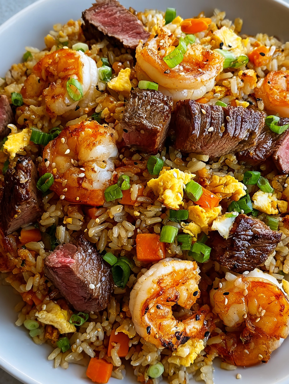 A bowl of rice with shrimp and meat.