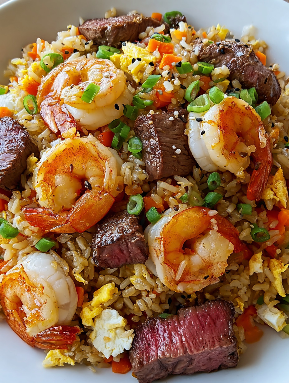 A plate of food with shrimp, rice, and meat.