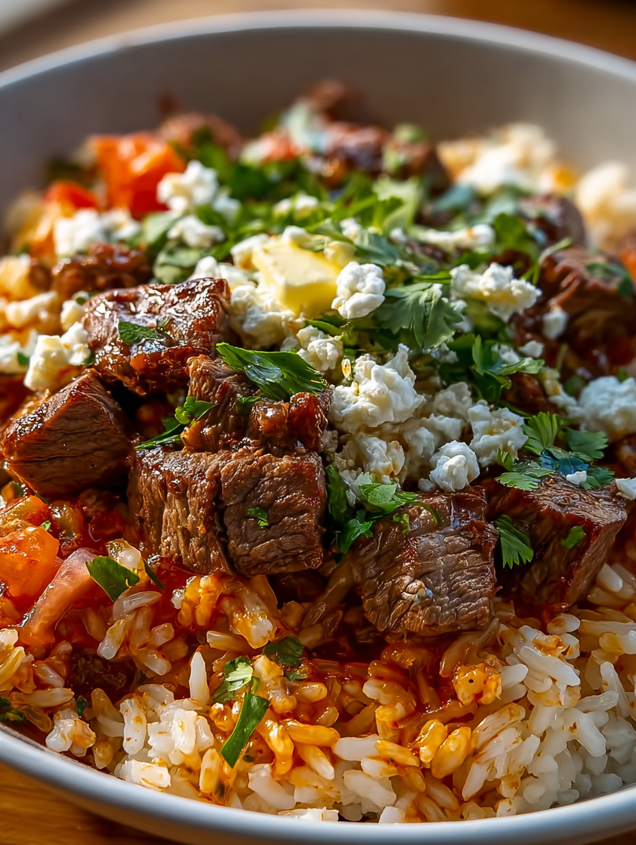 A bowl of meat and rice.
