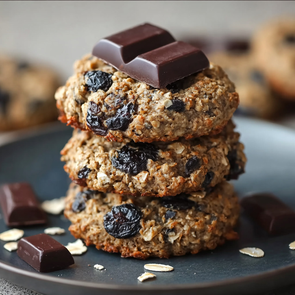 A stack of chocolate chip cookies with chocolate chips on top.
