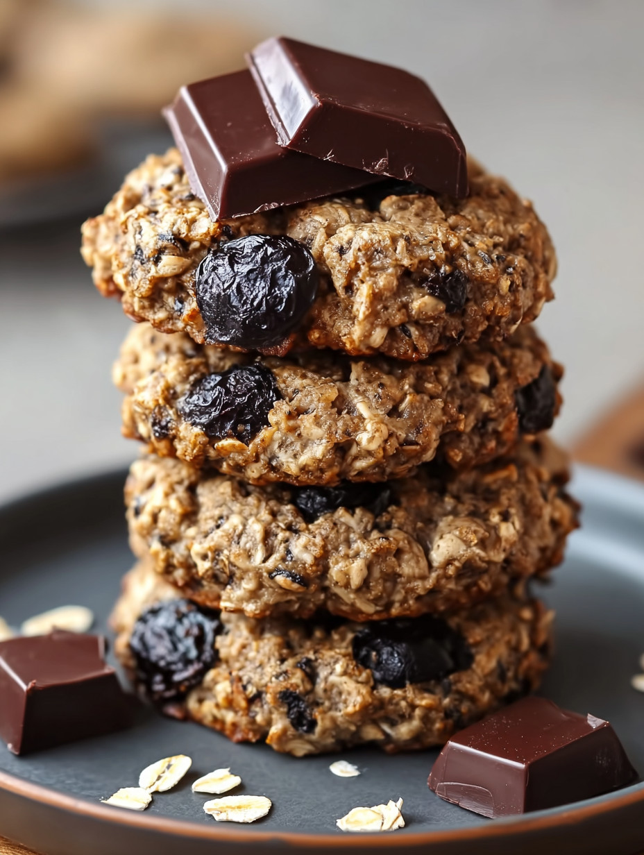 A stack of cookies with chocolate chips and raisins.