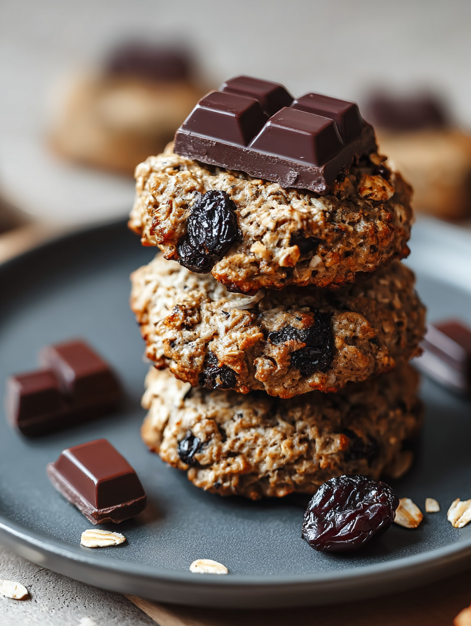 A stack of cookies with chocolate chips and raisins.