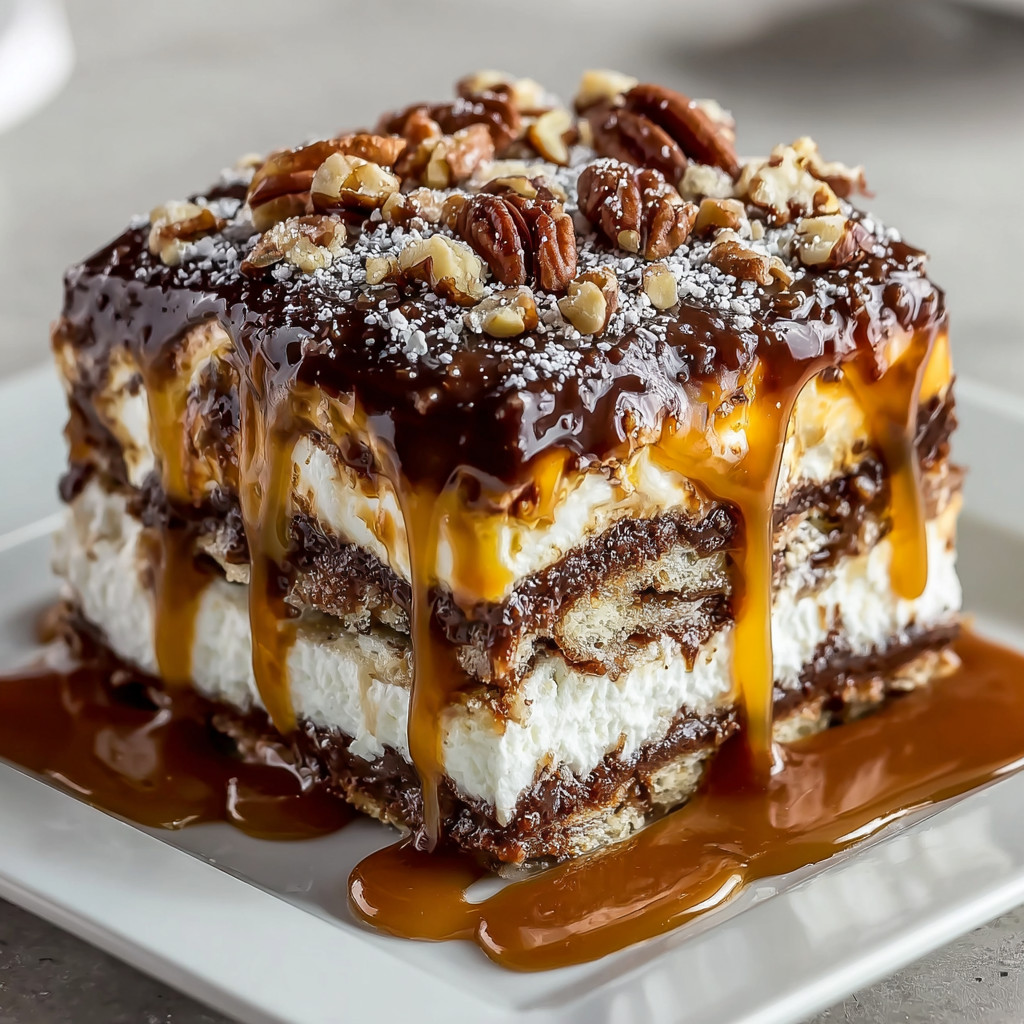 A slice of cake with nuts on top.