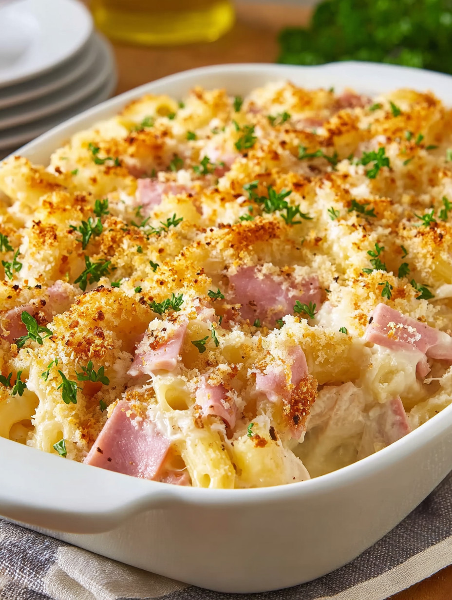 A bowl of pasta with ham and cheese.