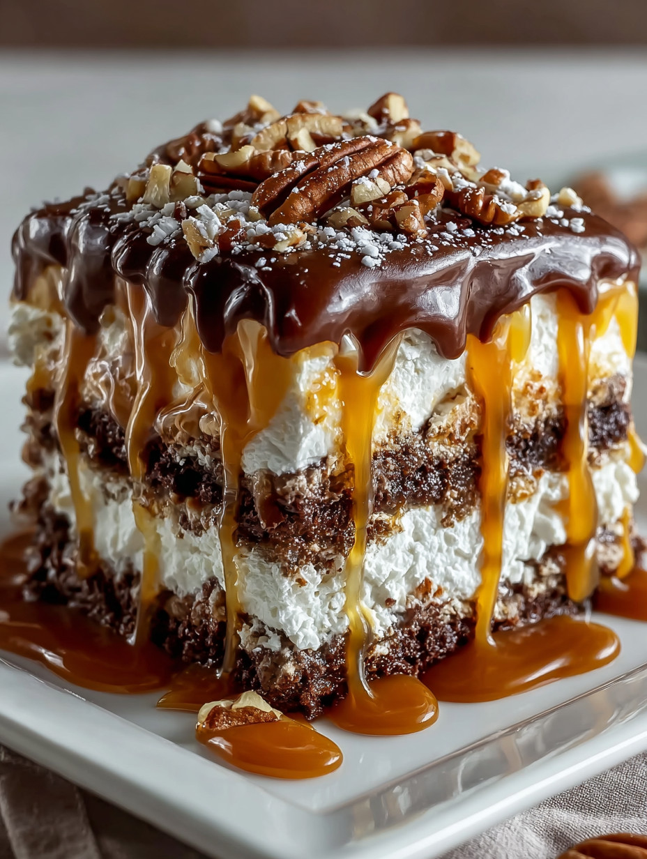 A slice of cake with caramel drizzle.