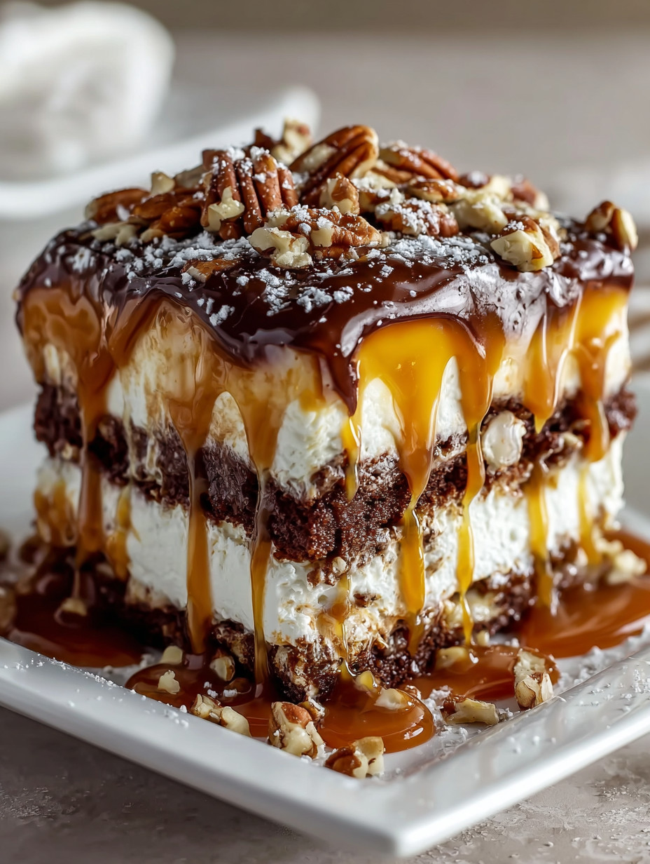 A slice of cake with caramel drizzle.