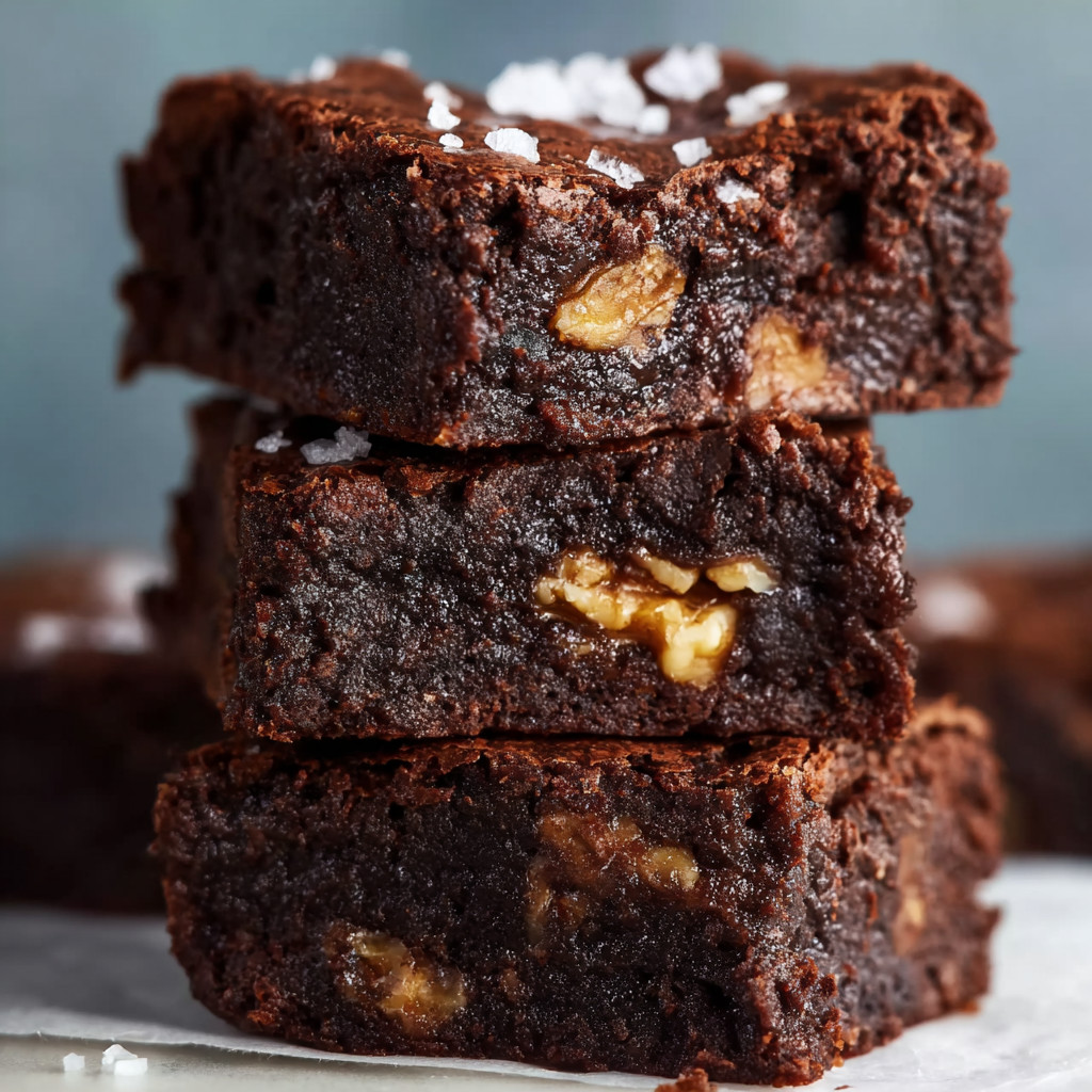 A stack of brownies with nuts on top.