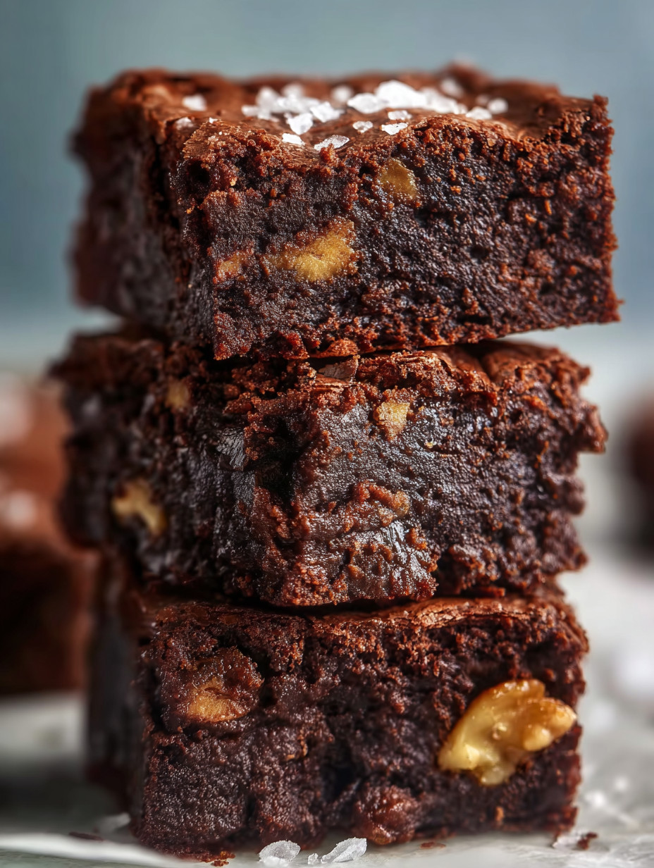 Three pieces of chocolate cake with nuts on top.