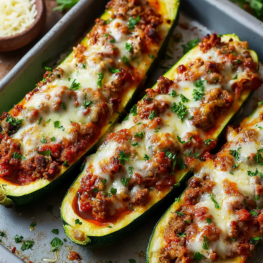 Two zucchini boats filled with meat and cheese.