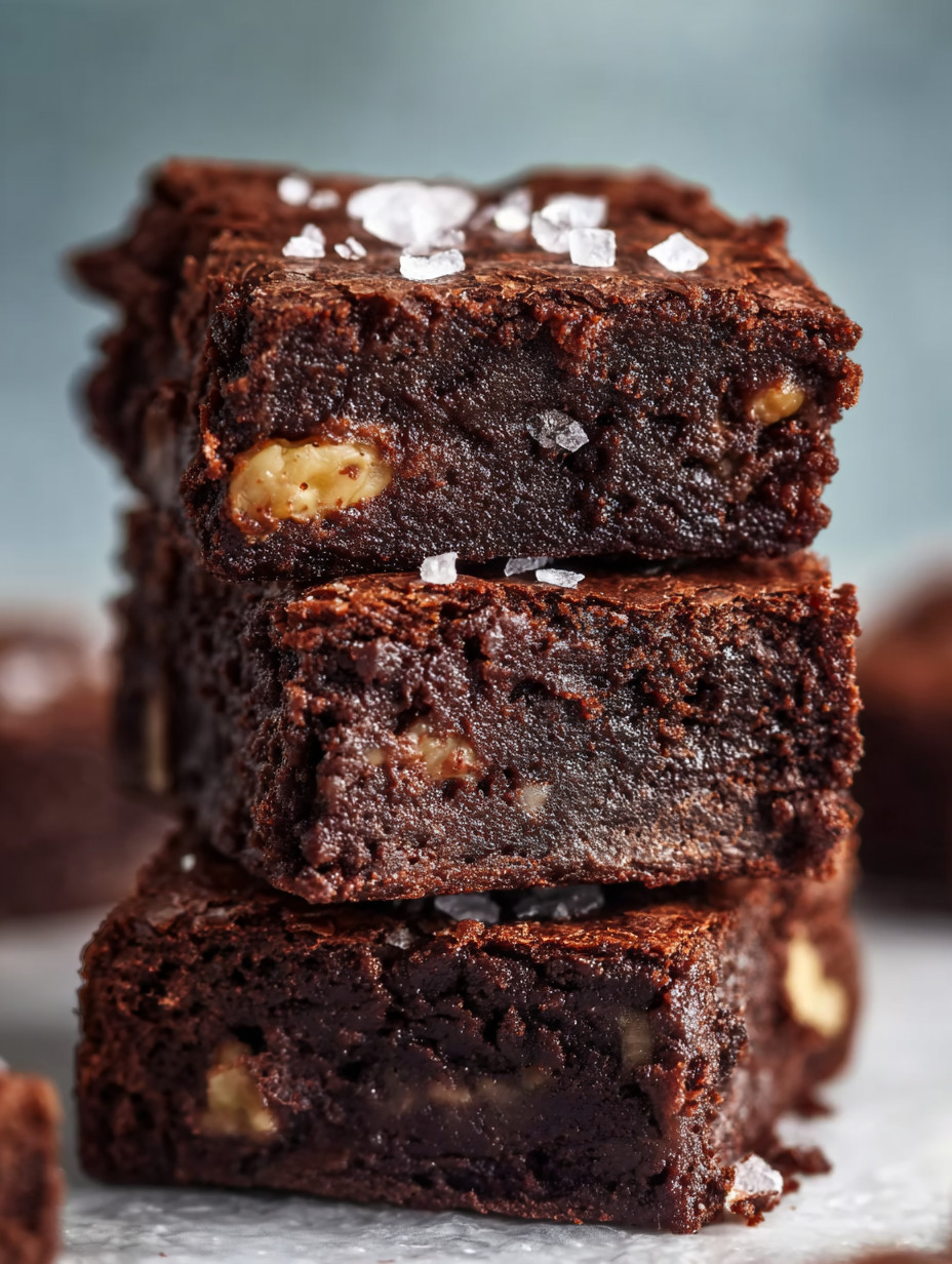 A stack of brownies with nuts on top.