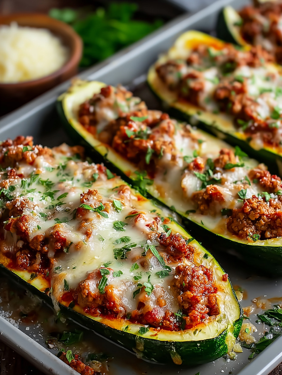 A pan of zucchini with meat and cheese.