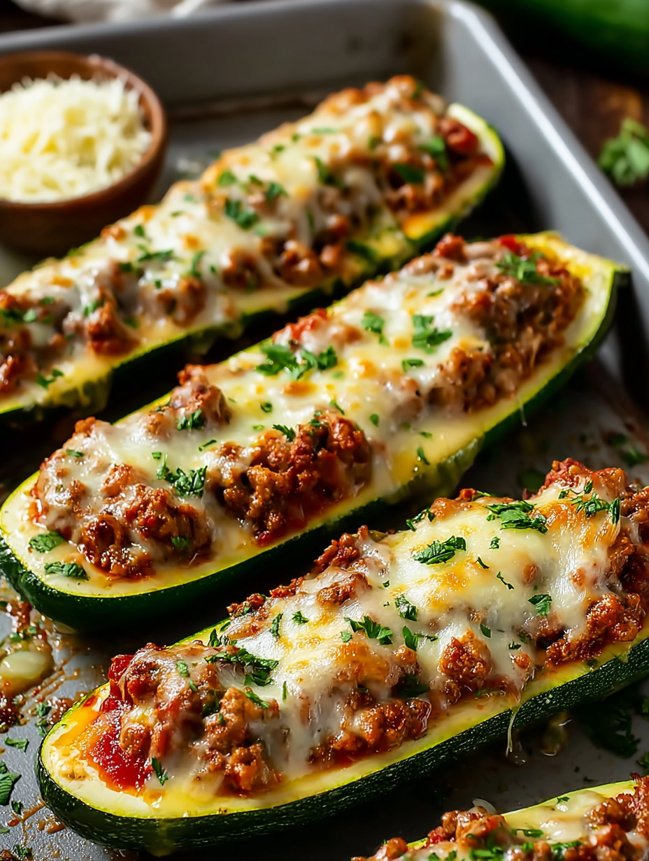 Two slices of zucchini with meat and cheese.
