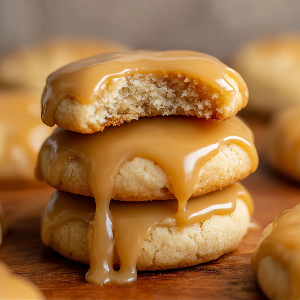 A cookie with caramel sauce on top.