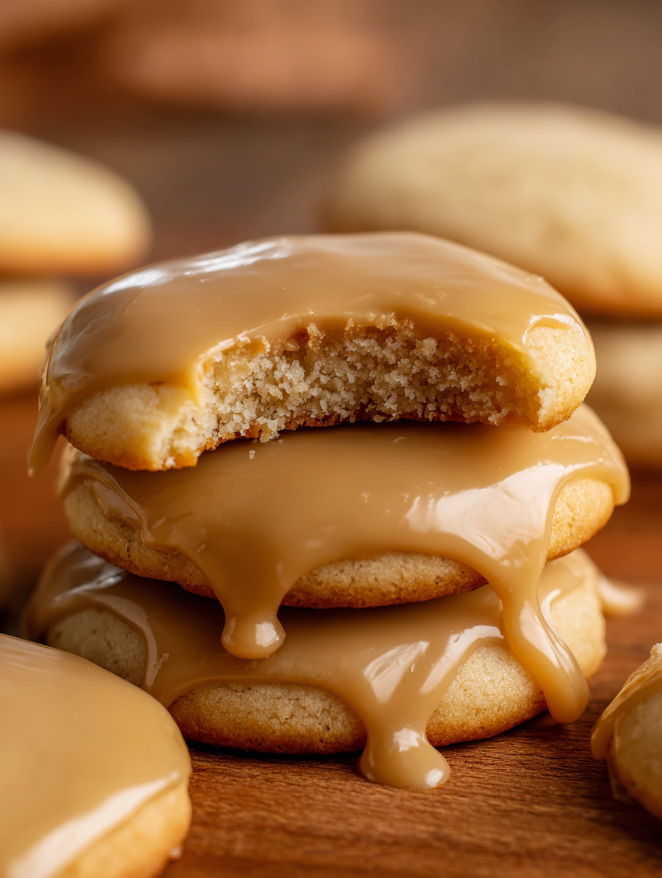 A cookie with caramel sauce on top.