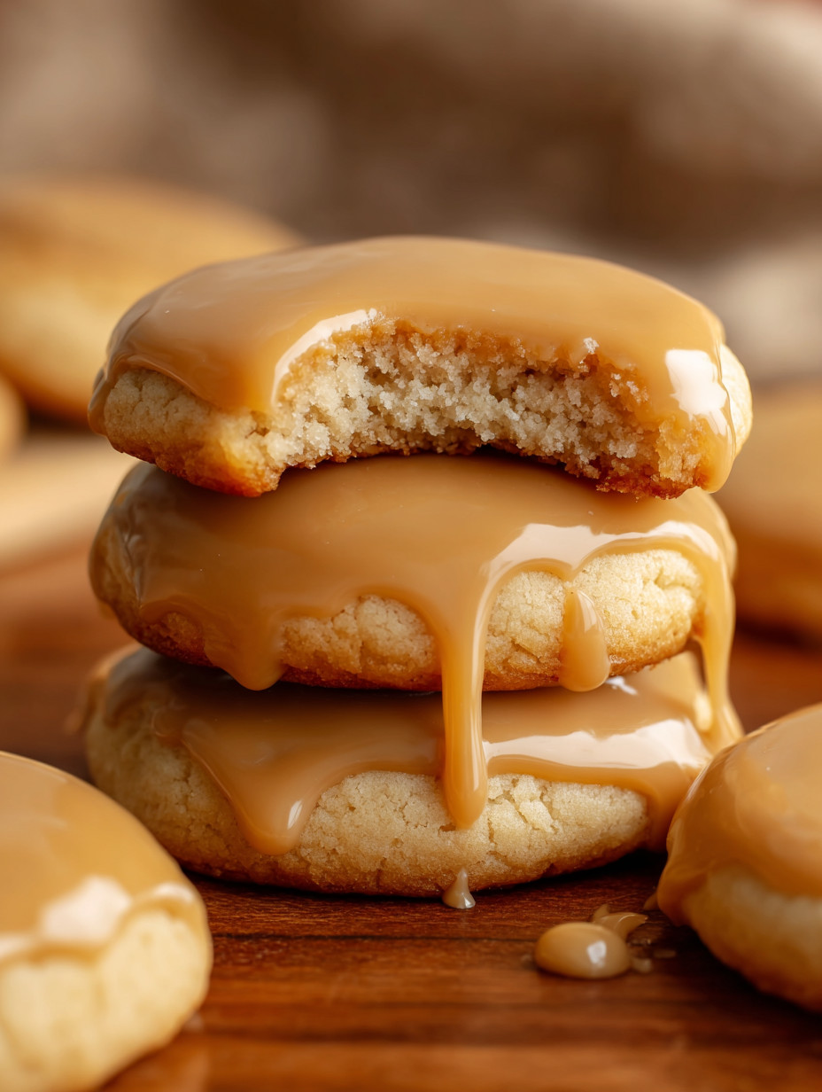 A stack of cookies with caramel sauce drizzled on top.