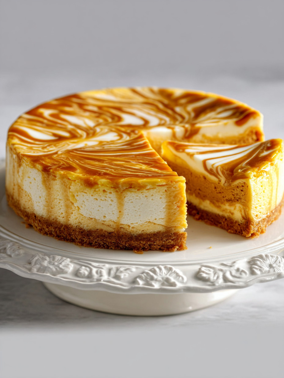 A slice of cheesecake with caramel sauce.
