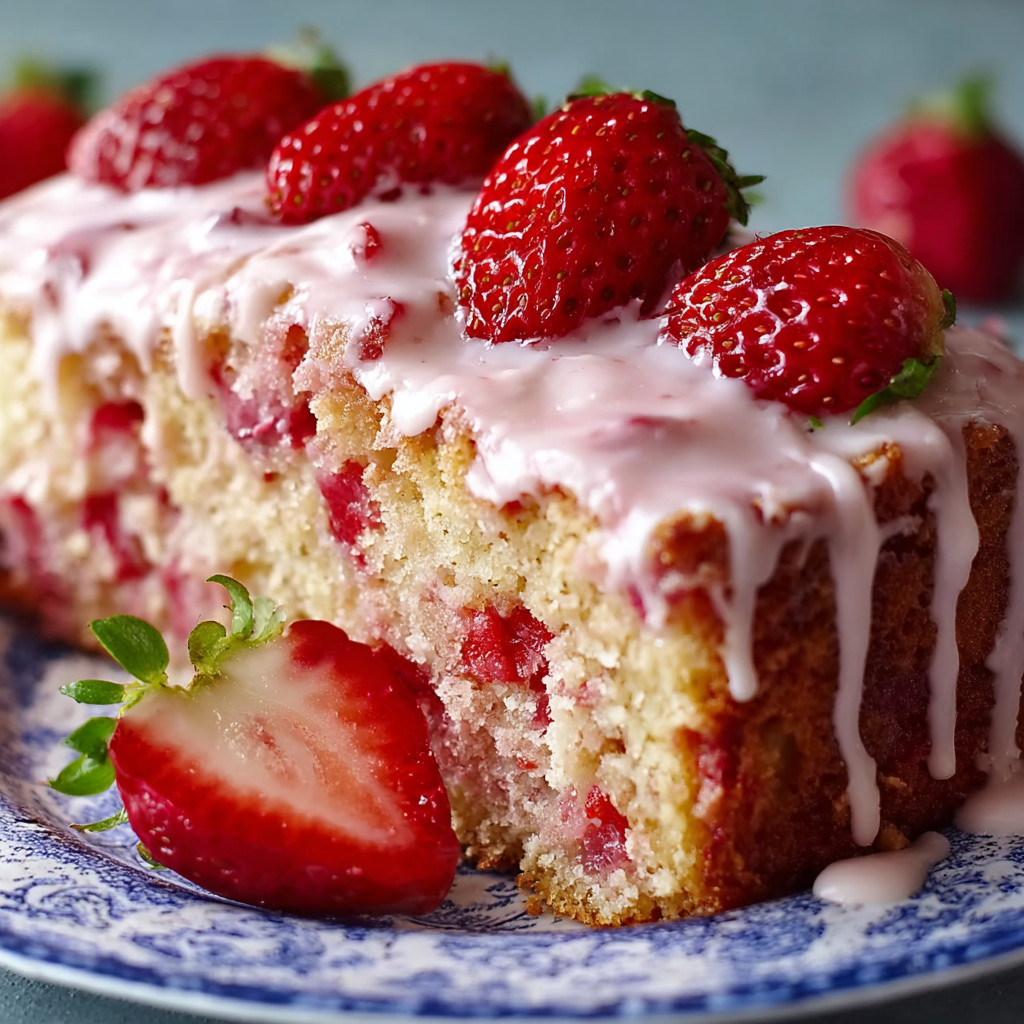 A slice of cake with strawberries on top.