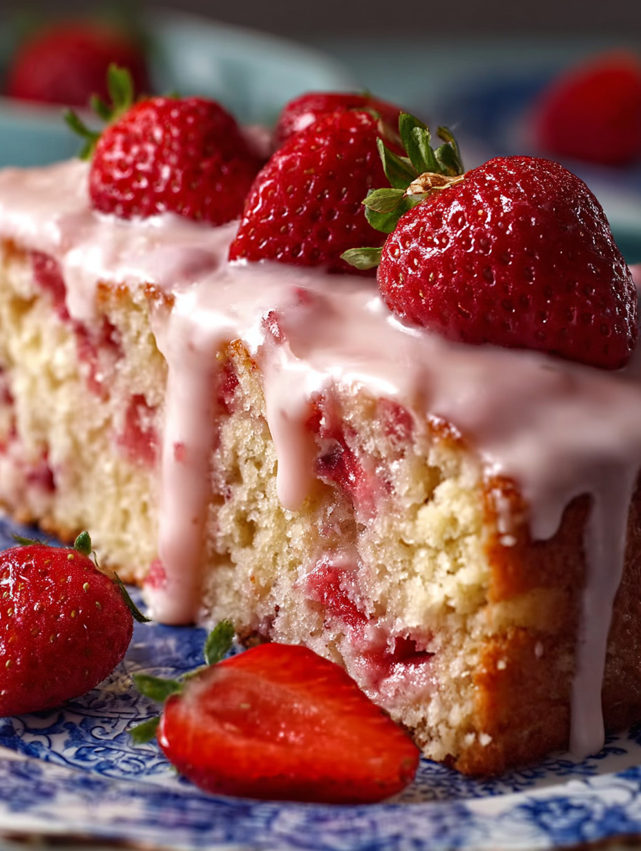 A slice of cake with strawberries on top.