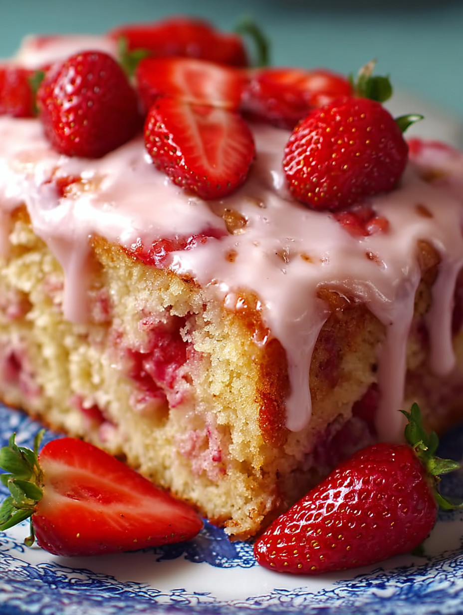 A slice of cake with strawberries on top.