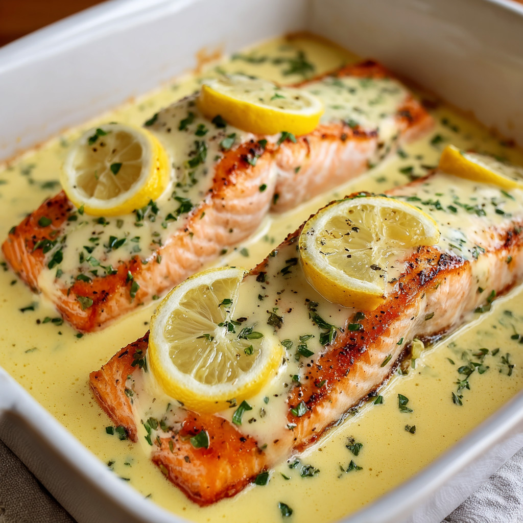 A dish of fish with lemon slices on top.