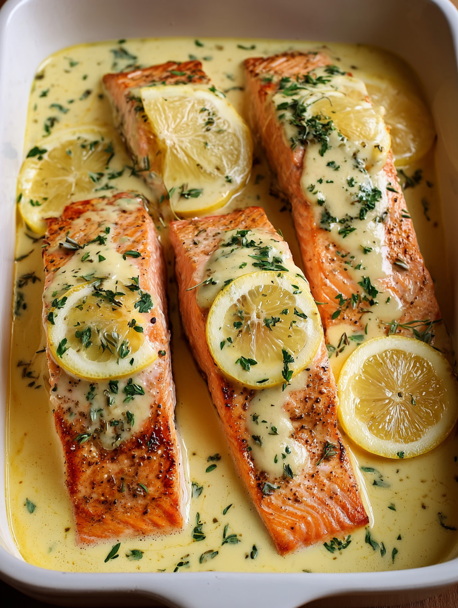 A plate of fish with lemon and herbs.