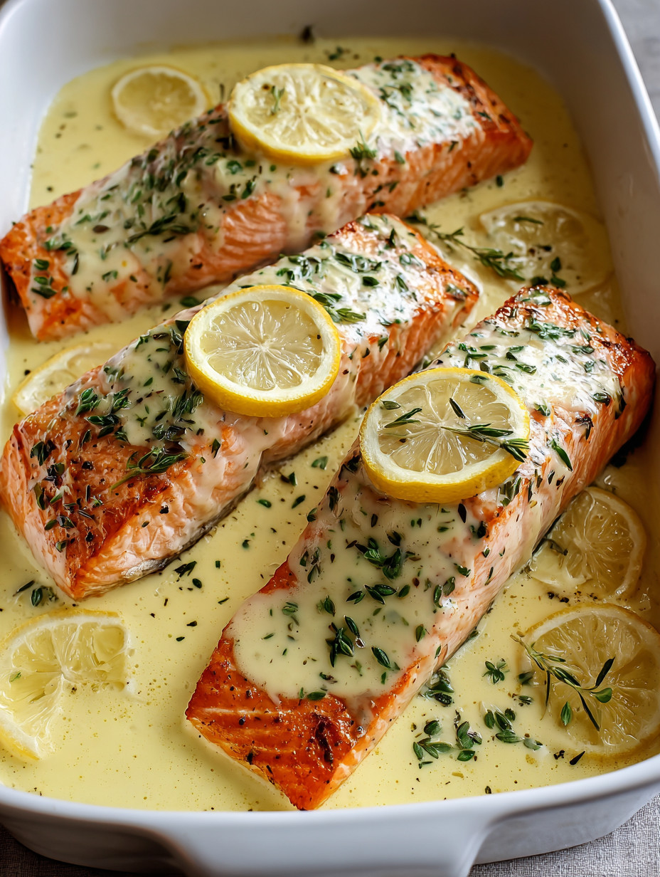 A dish of salmon with lemon and herbs.