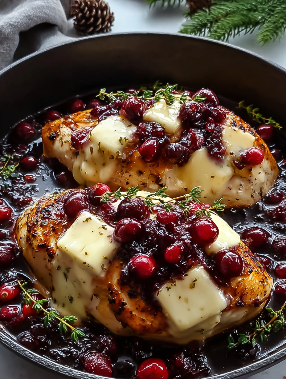 A pan of chicken with sauce and berries.