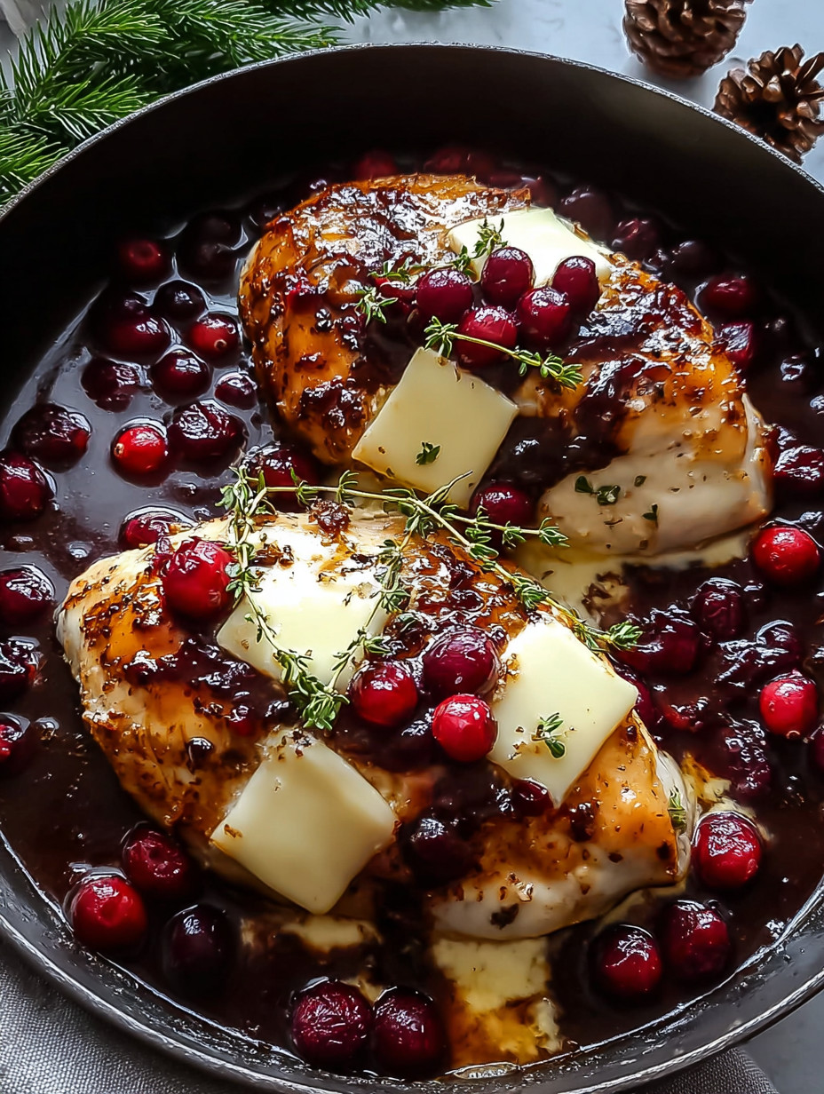 A pan of food with chicken and cranberries.