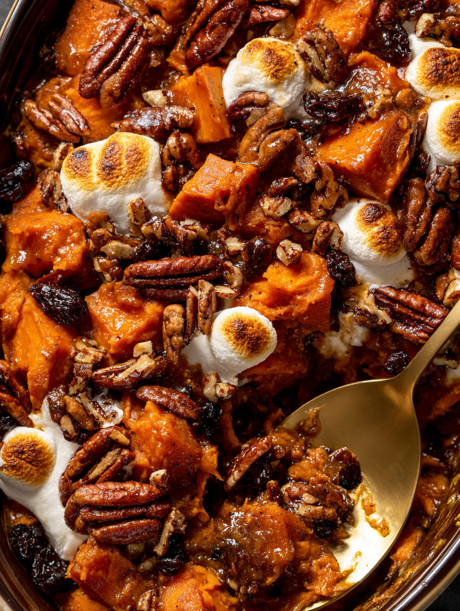A bowl of food with marshmallows on top.