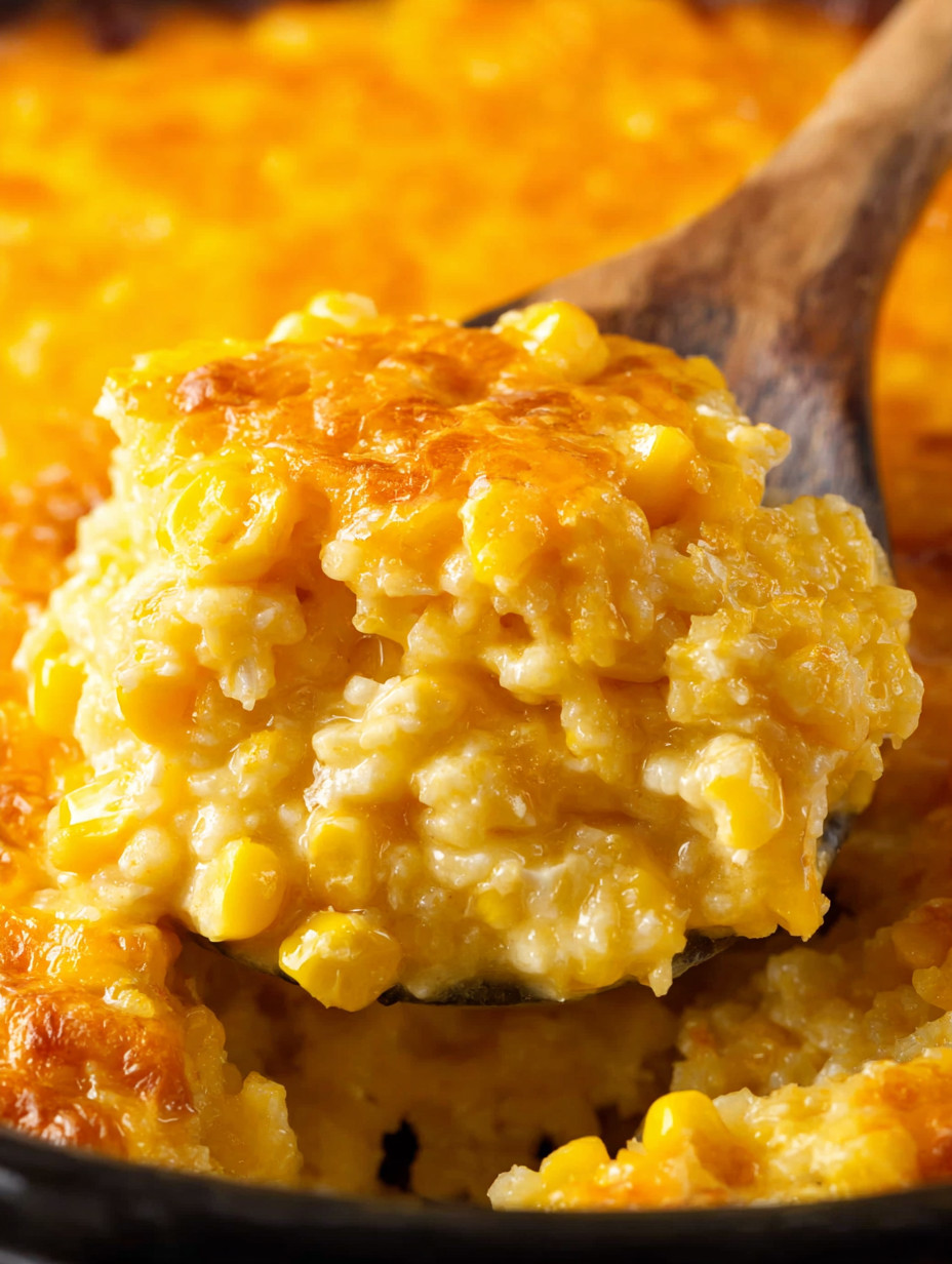 A wooden spoon is holding a piece of corn casserole.