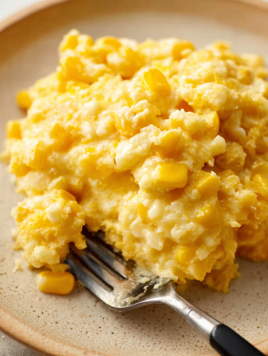 A fork is stuck in a plate of corn.